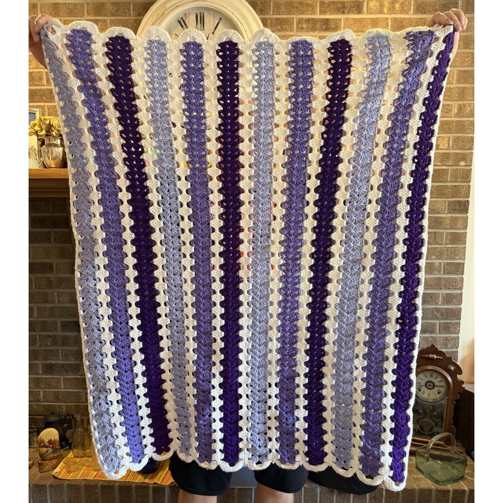 💜🧶 Handmade Crocheted Purple & White Lap Blanket – 42" x 32" 🧶💜